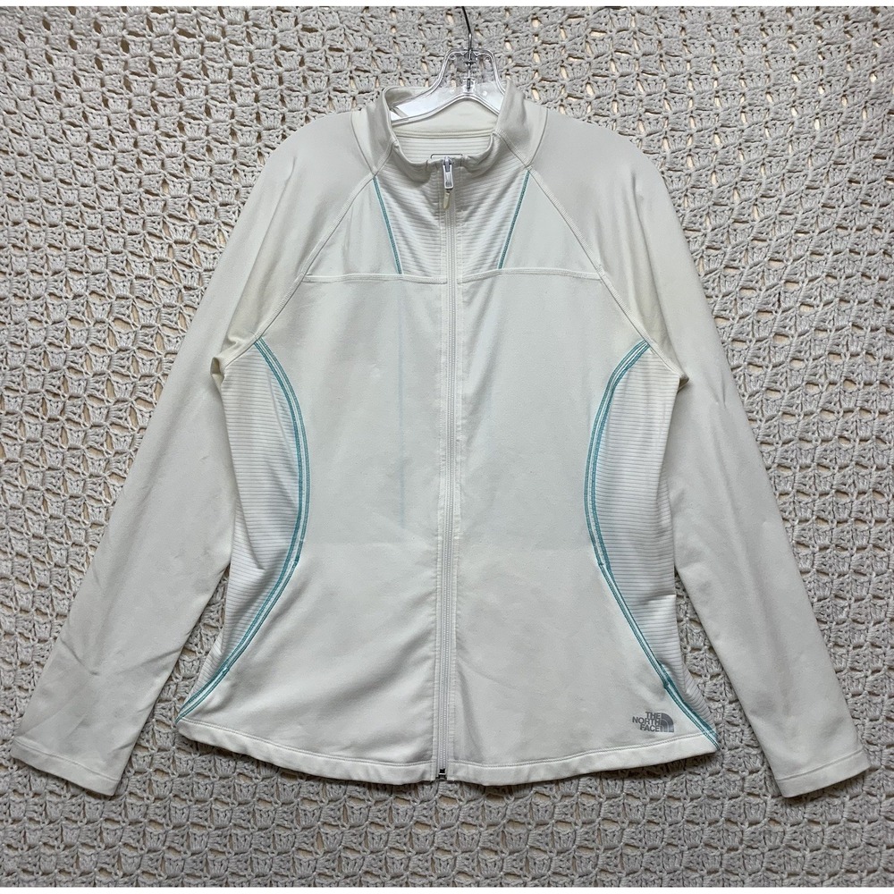 The North Face Track Jacket Top Women XL White Blue Full Zip Long Sleeve